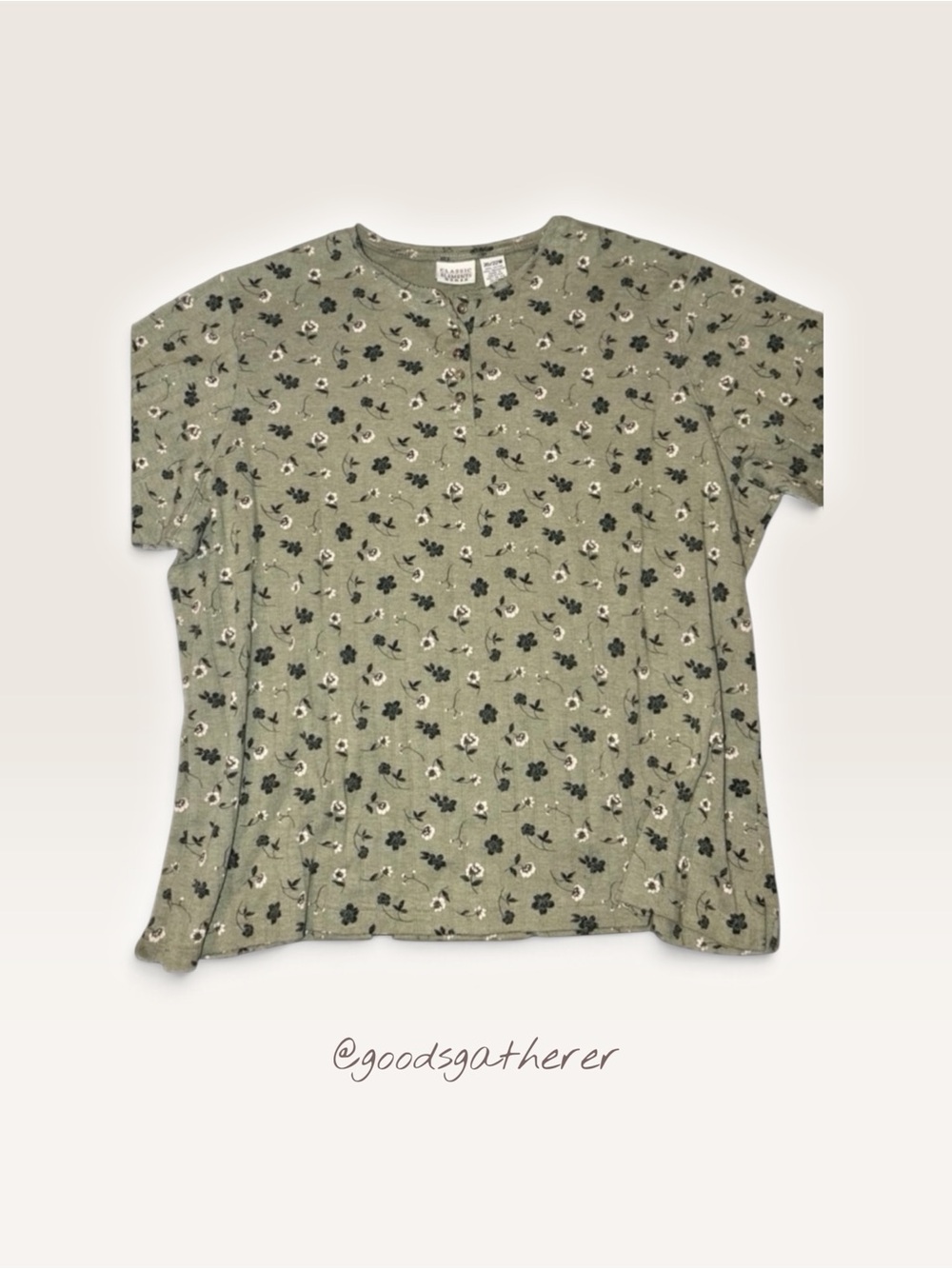 Classic Elements Woman 20/22W Floral Henley Top Sage Green Plus Size